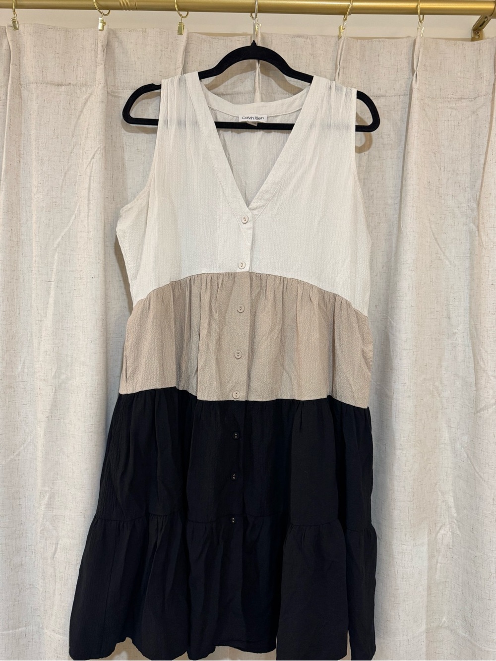 Calvin Klein Sleeveless Colorblock Tiered Midi Dress - White, Tan, Black